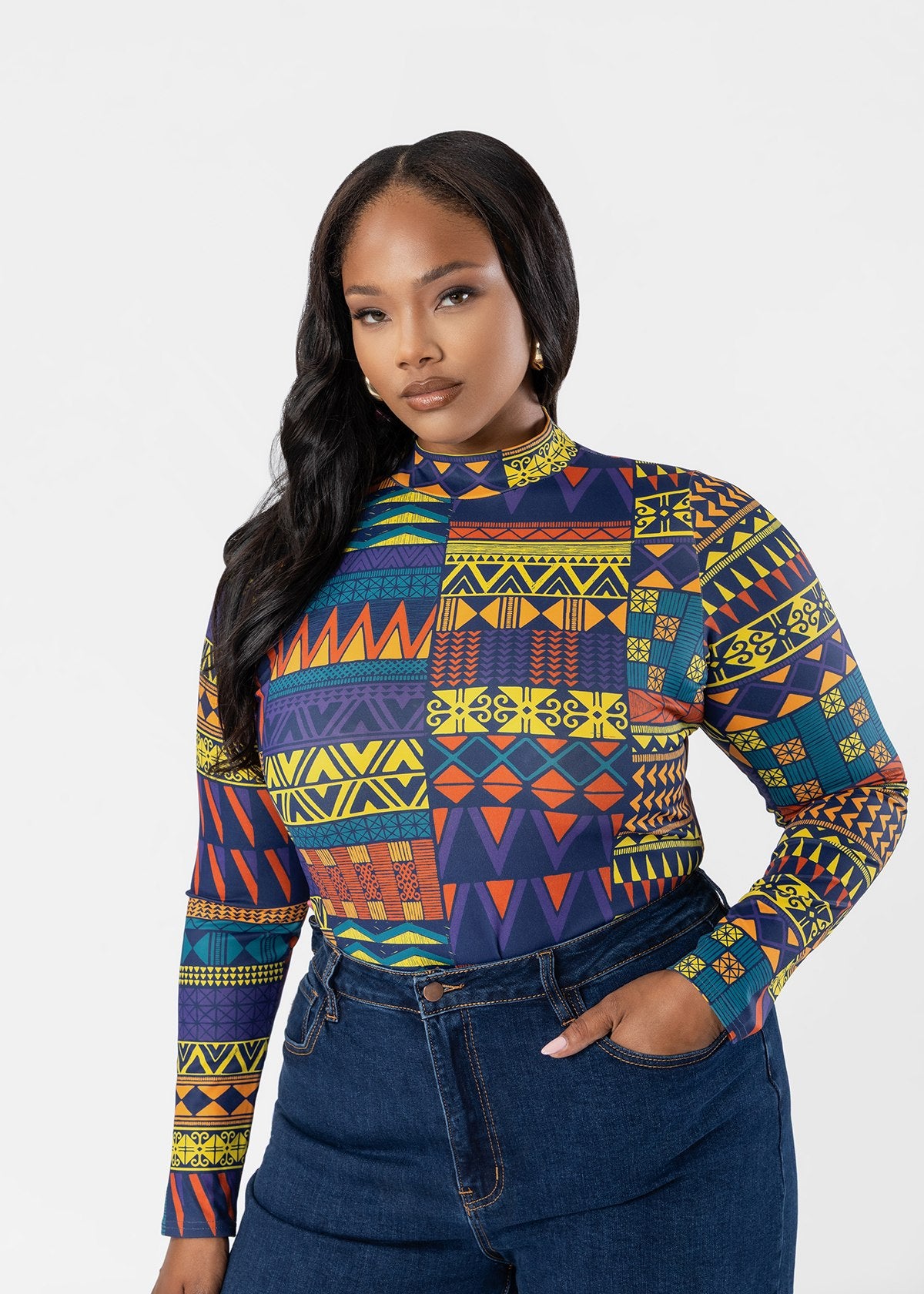 Thabisa Women's African Print Mock Neck Bodysuit (Navy Gold Kente) - D'IYANU