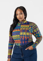 Thabisa Women's African Print Mock Neck Bodysuit (Navy Gold Kente) - D'IYANU