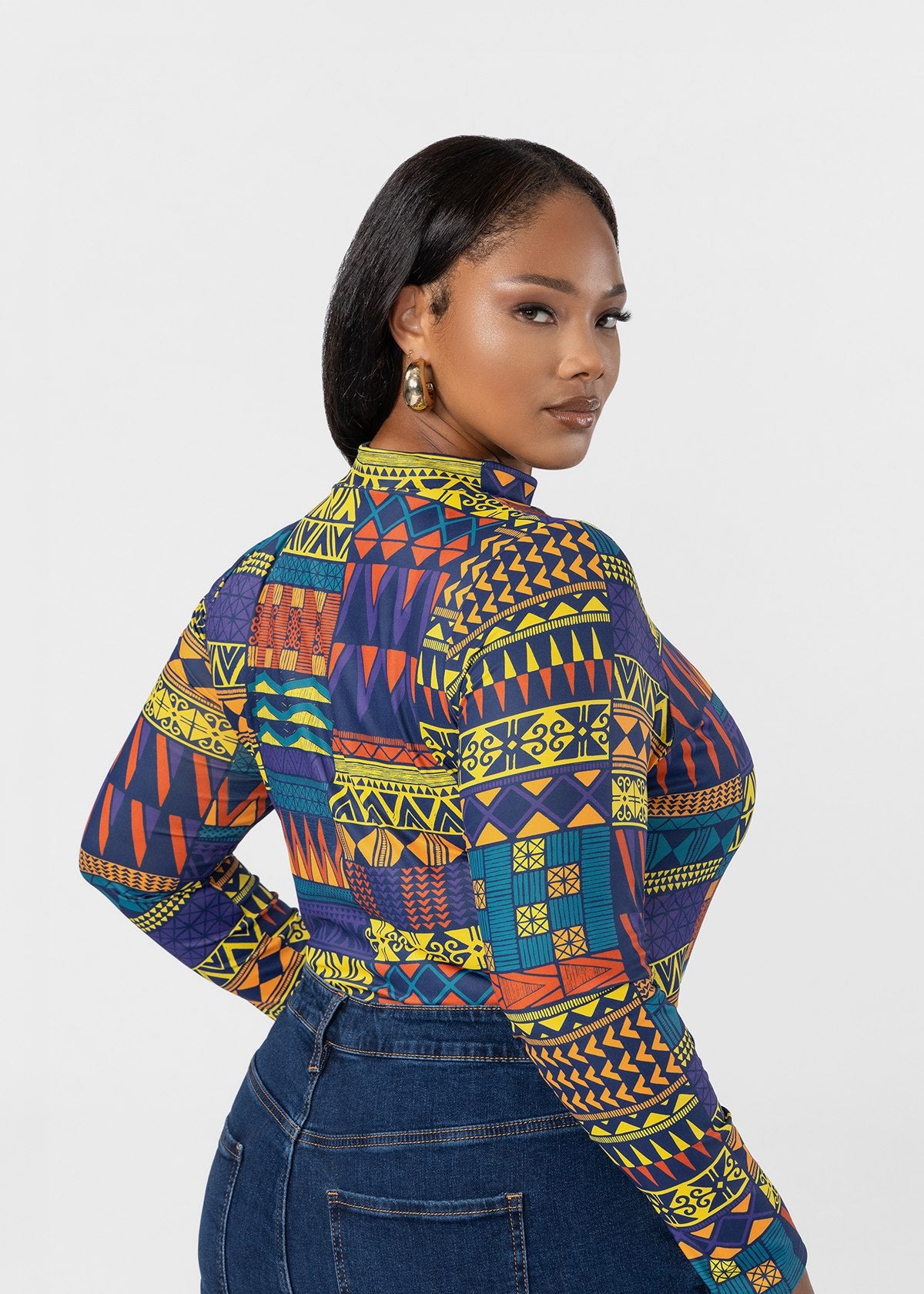 Thabisa Women's African Print Mock Neck Bodysuit (Navy Gold Kente) - D'IYANU