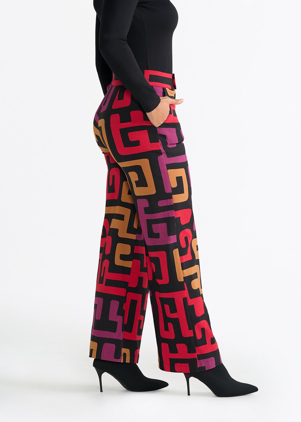 Thema Women's African Print Stretch Wide Leg Pants (Black Berry Kuba)