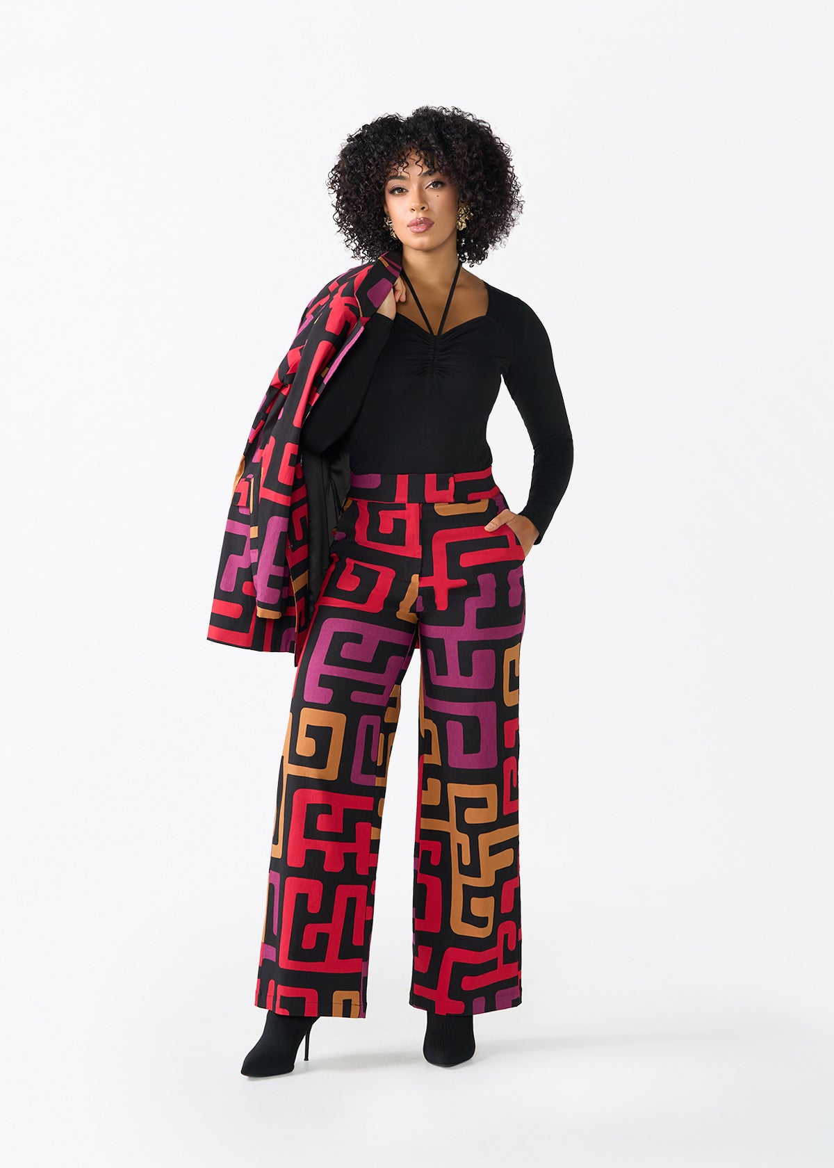 Thema Women's African Print Stretch Wide Leg Pants (Black Berry Kuba)