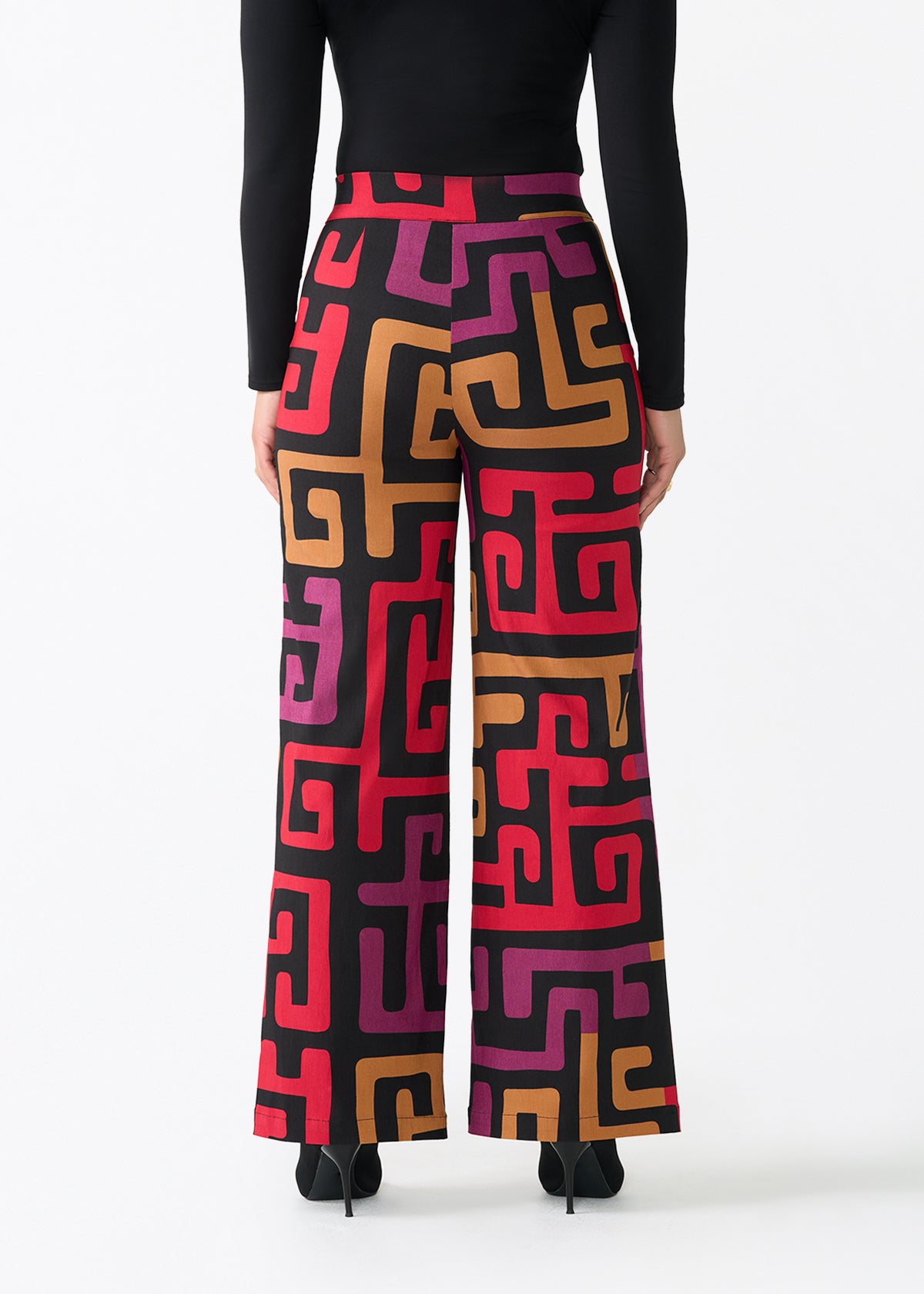 Thema Women's African Print Stretch Wide Leg Pants (Black Berry Kuba)