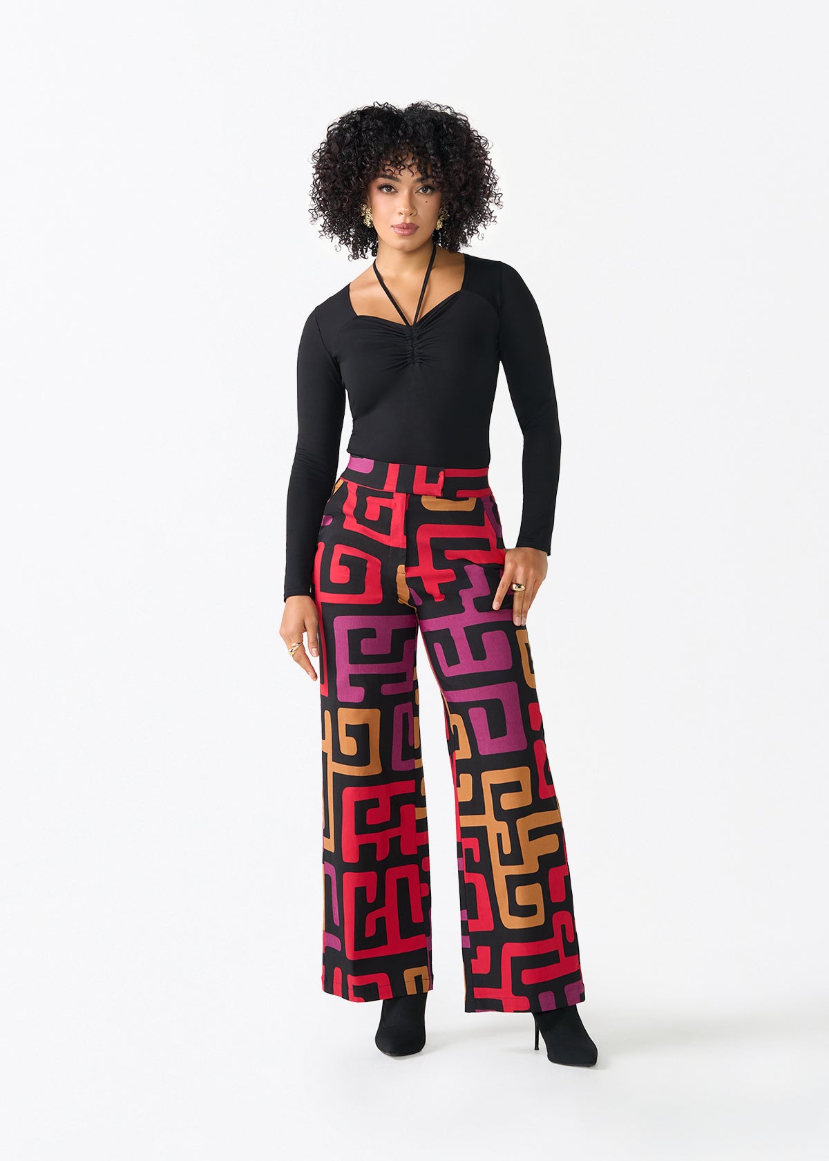 Thema Women's African Print Stretch Wide Leg Pants (Black Berry Kuba)