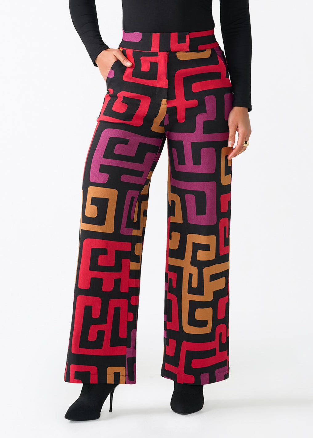 Thema Women's African Print Stretch Wide Leg Pants (Black Berry Kuba)