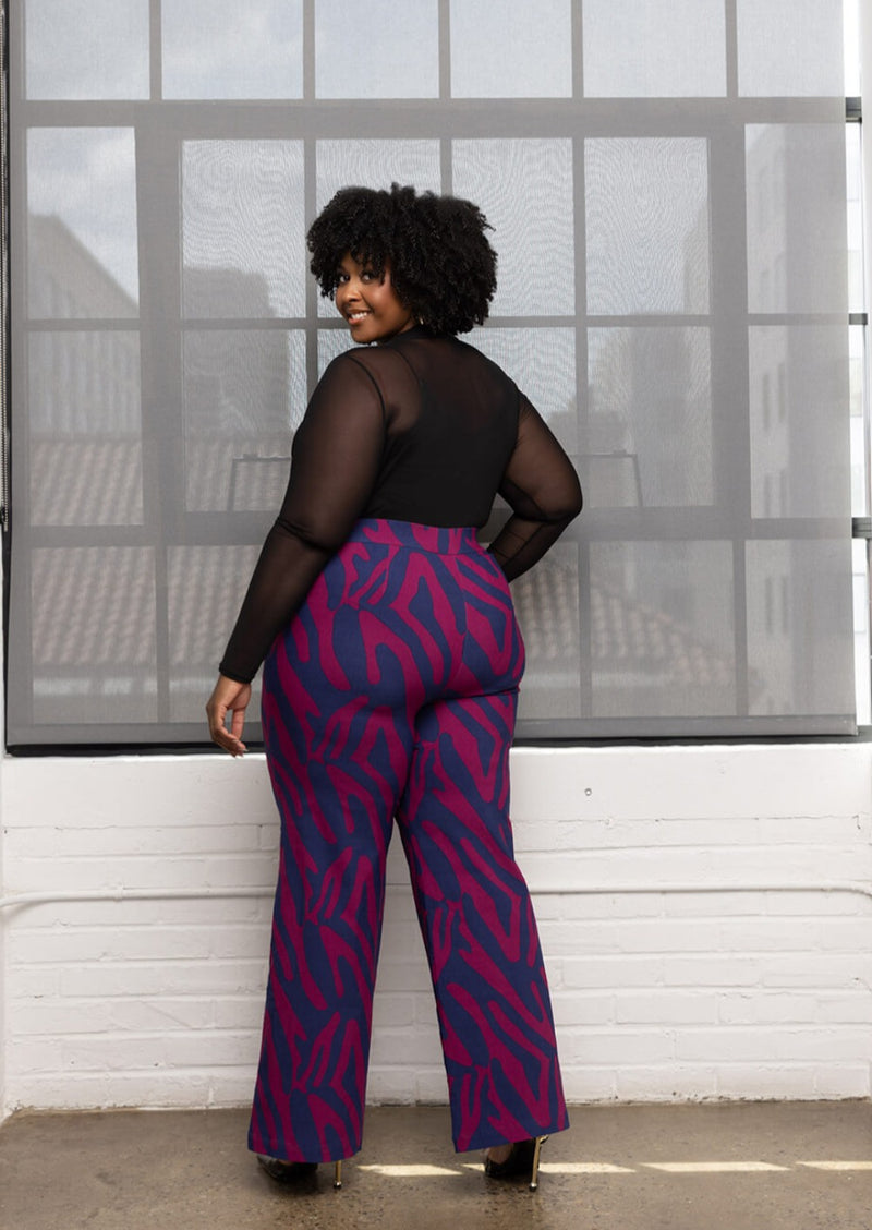 Thema Women's African Print Wide Leg Stretch Pants (Berry Zebra
