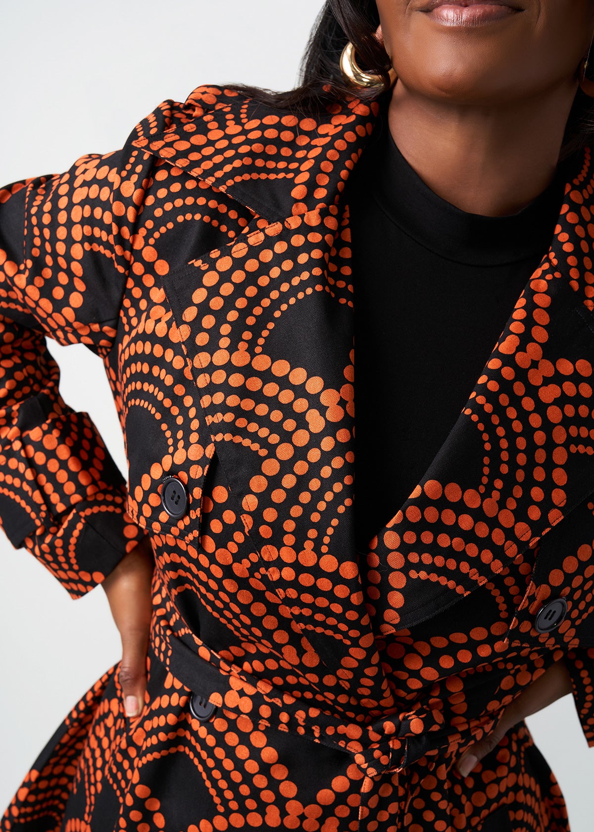 Tiasale Women's African Print Utility Trench Coat (Black Amber Dots) - Clearance
