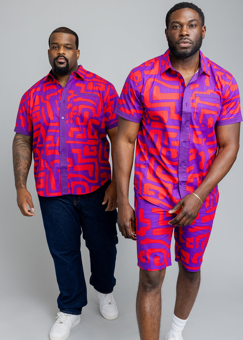 Tisholo Men's African Print Color-Blocked Shirt (Purple Red Geometric)
