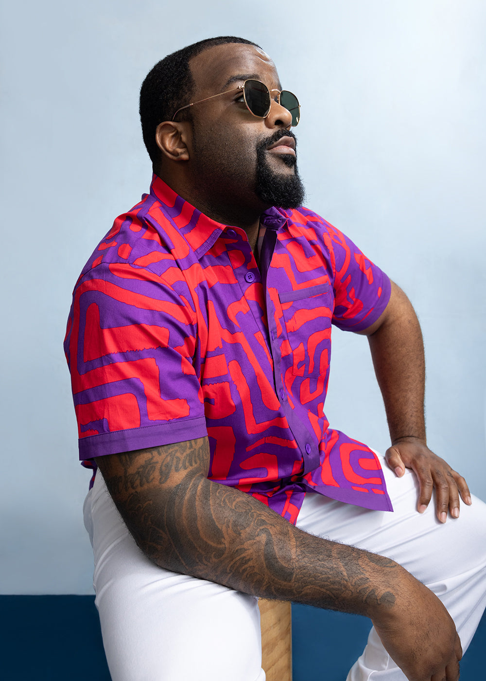 Tisholo Men's African Print Color-Blocked Shirt (Purple Red Geometric)