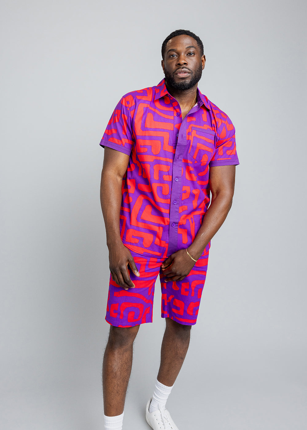 Tisholo Men's African Print Color-Blocked Shirt (Purple Red Geometric)