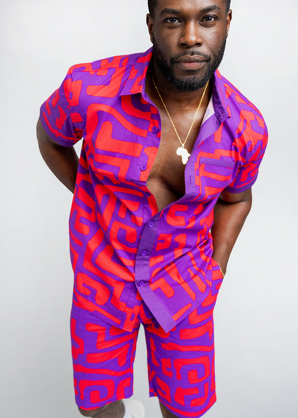 Tisholo Men's African Print Color-Blocked Shirt (Purple Red Geometric)