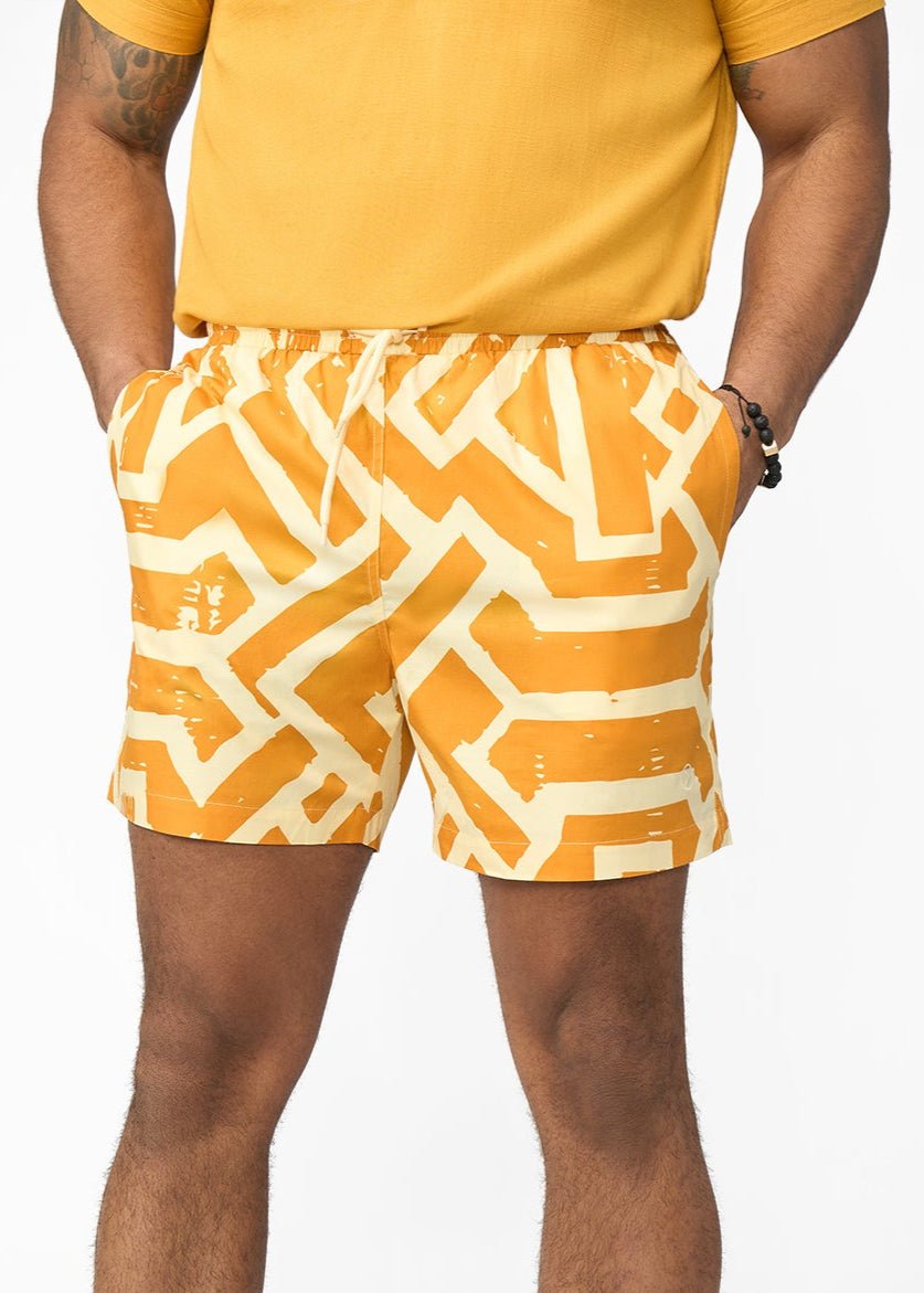D'IYANU Men's African Print Shorts Gold Cream Tribal
