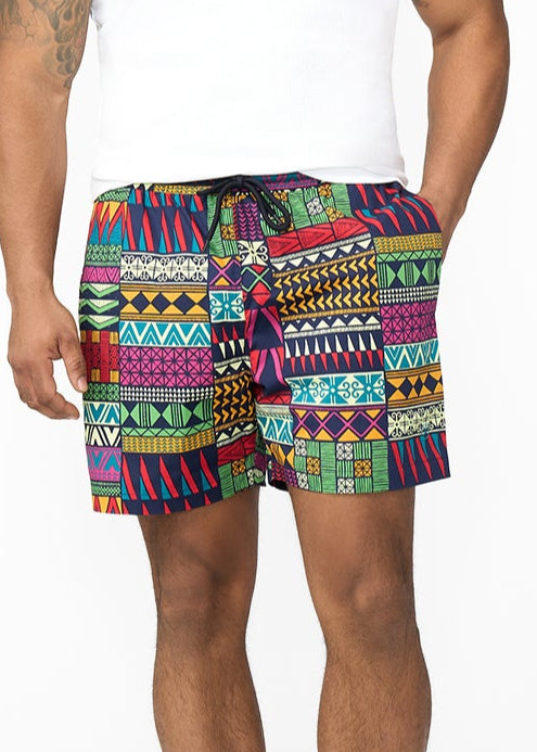 Tiziri Men's African Print Shorts (Green Navy Kente)