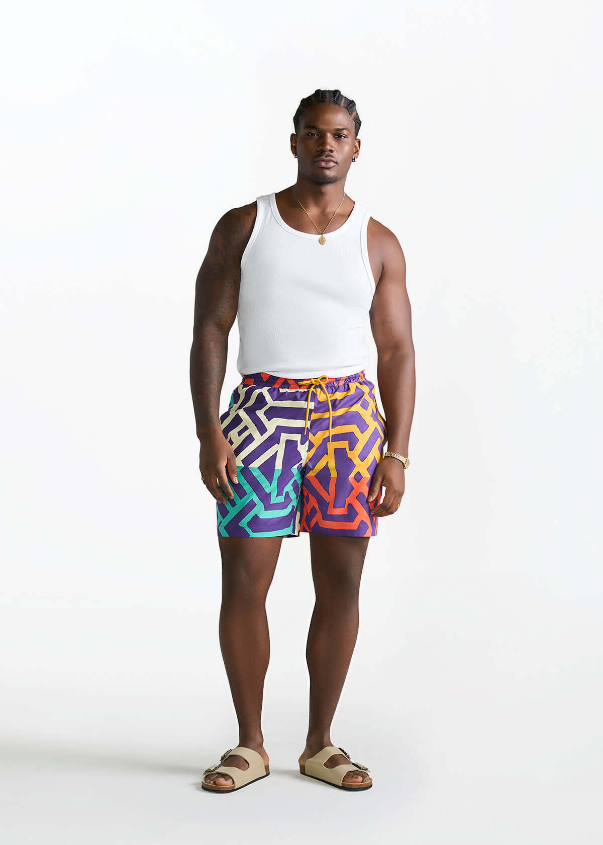 Tiziri Men's African Print Shorts (Purple Multicolor Tribal) - D'IYANU