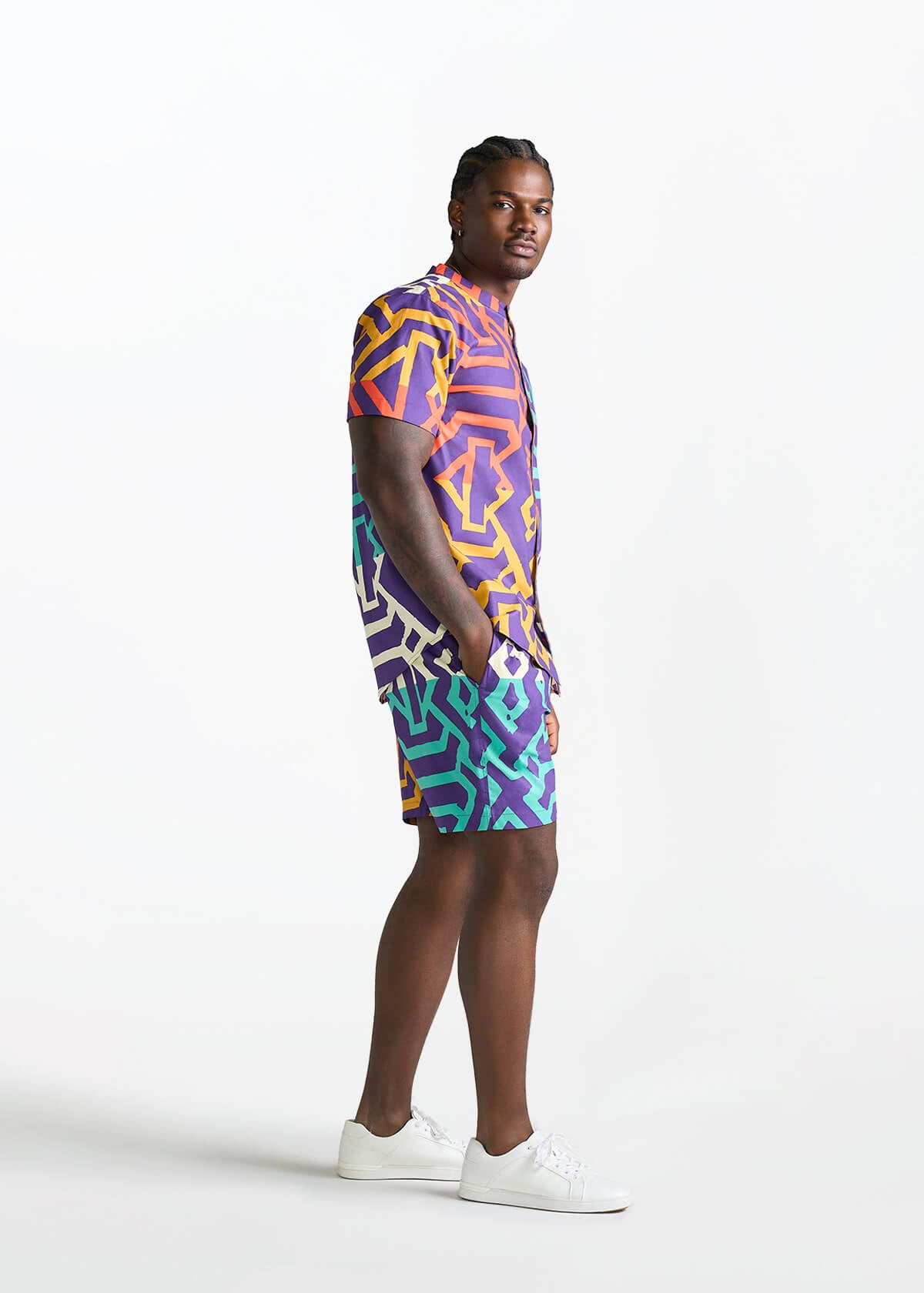 Tiziri Men's African Print Shorts (Purple Multicolor Tribal) - D'IYANU