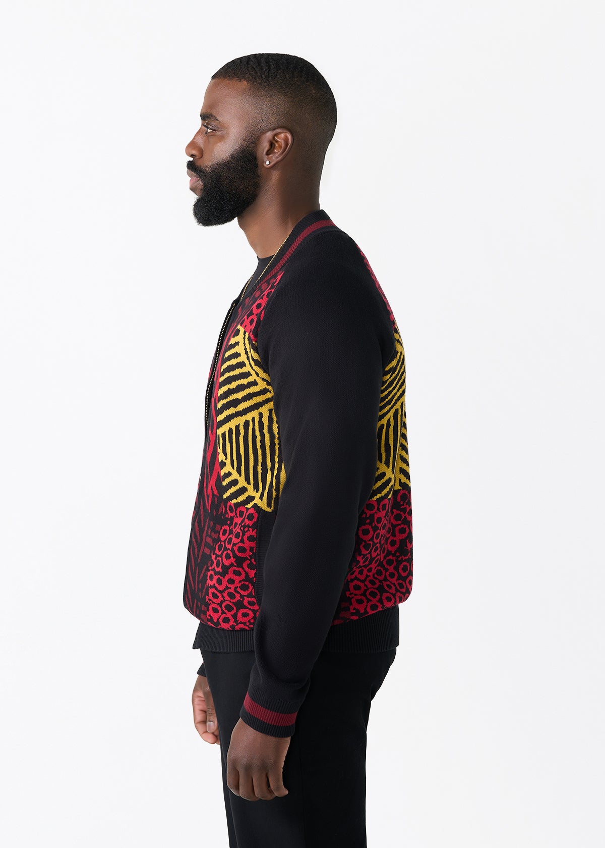 Togo Men's African Print Zip-Up Sweater (Black Cherry Multipattern) - D'IYANU