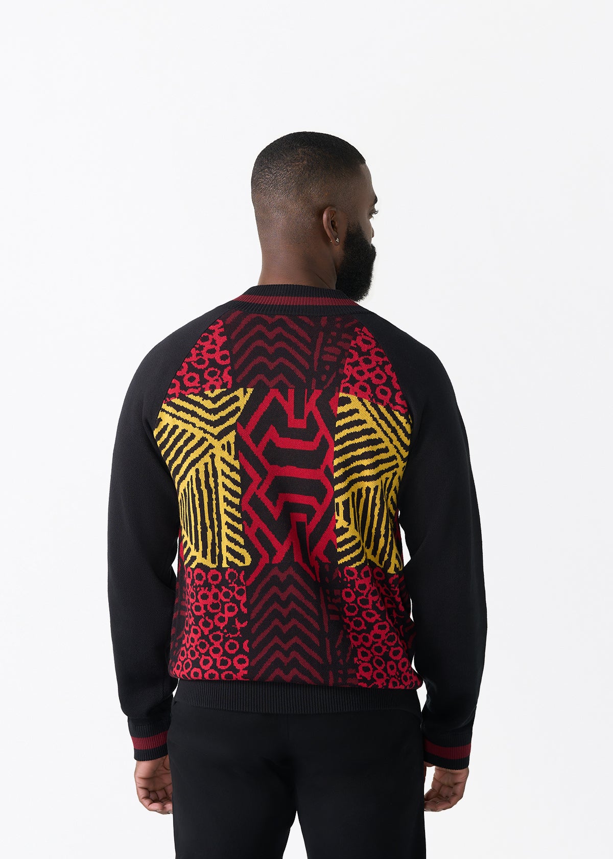 Togo Men's African Print Zip-Up Sweater (Black Cherry Multipattern) - D'IYANU