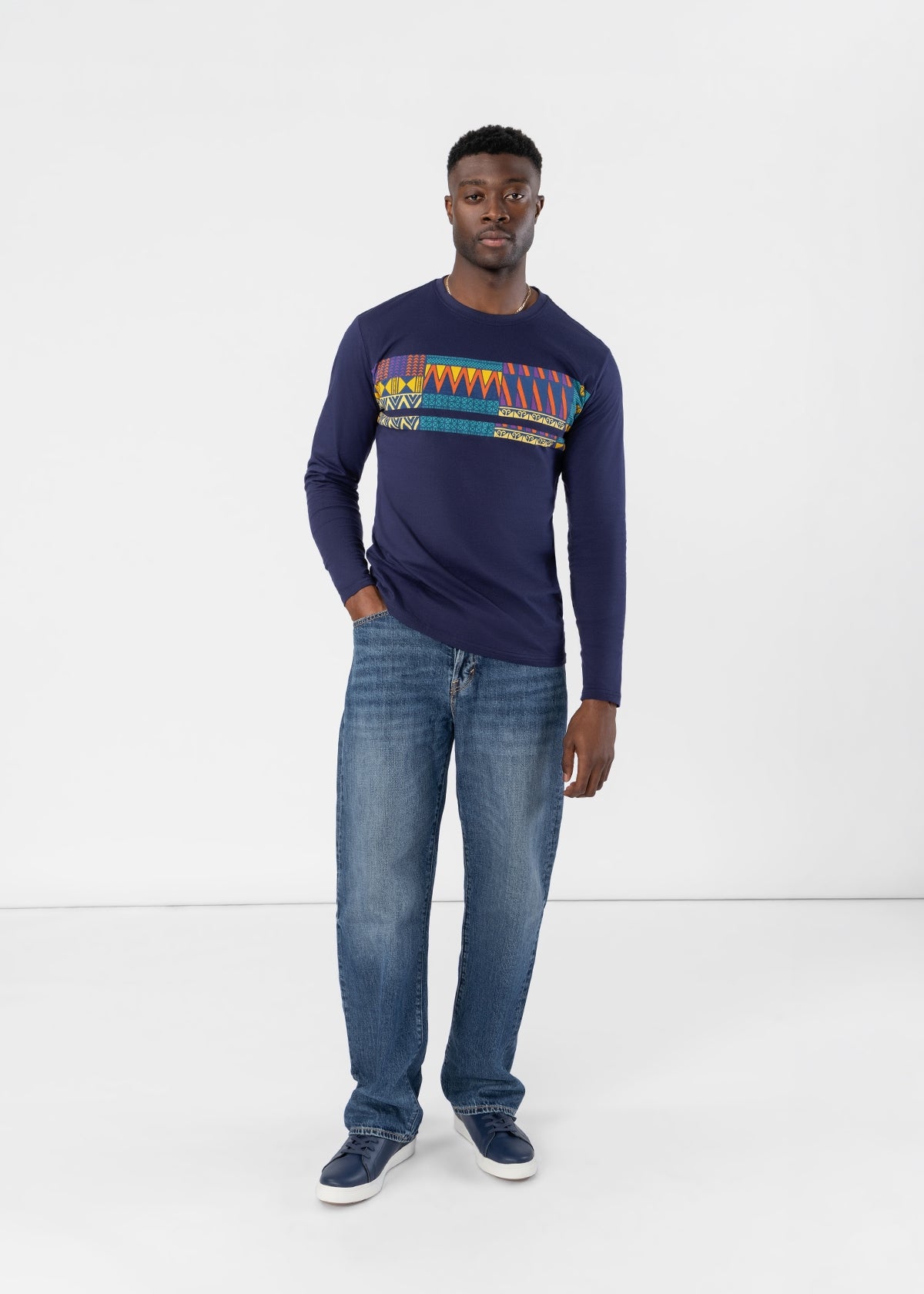 Toma Men's African Print Applique T-Shirt (Navy Gold Kente) - D'IYANU