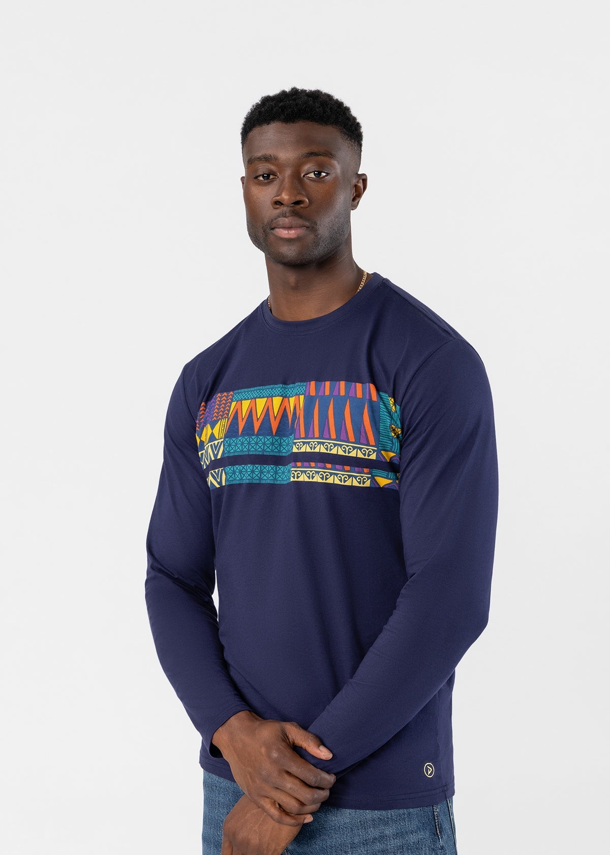 Toma Men's African Print Applique T-Shirt (Navy Gold Kente) - D'IYANU