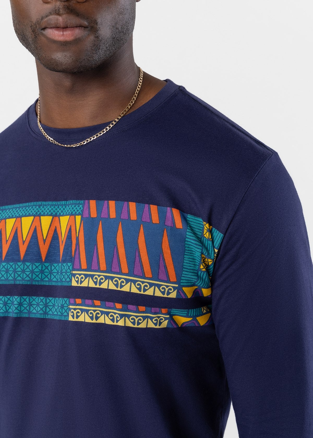 Toma Men's African Print Applique T-Shirt (Navy Gold Kente) - D'IYANU