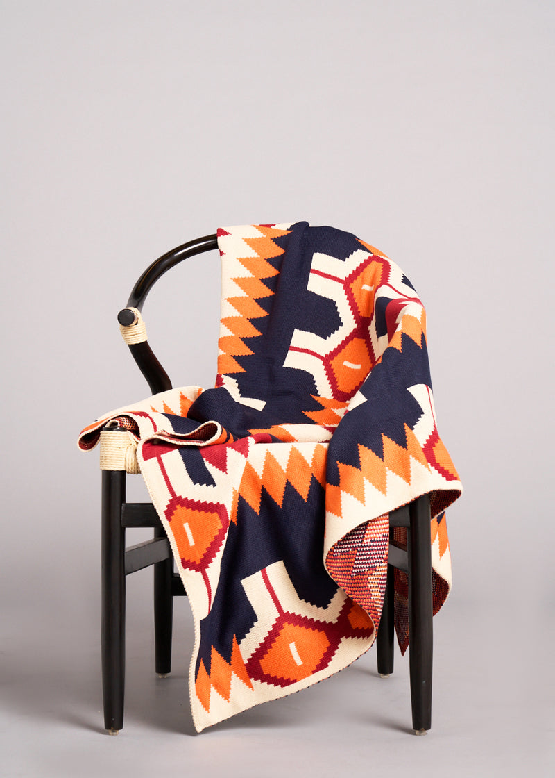 Ibora African Print Knit Throw Blanket (Cream Orange Kente)