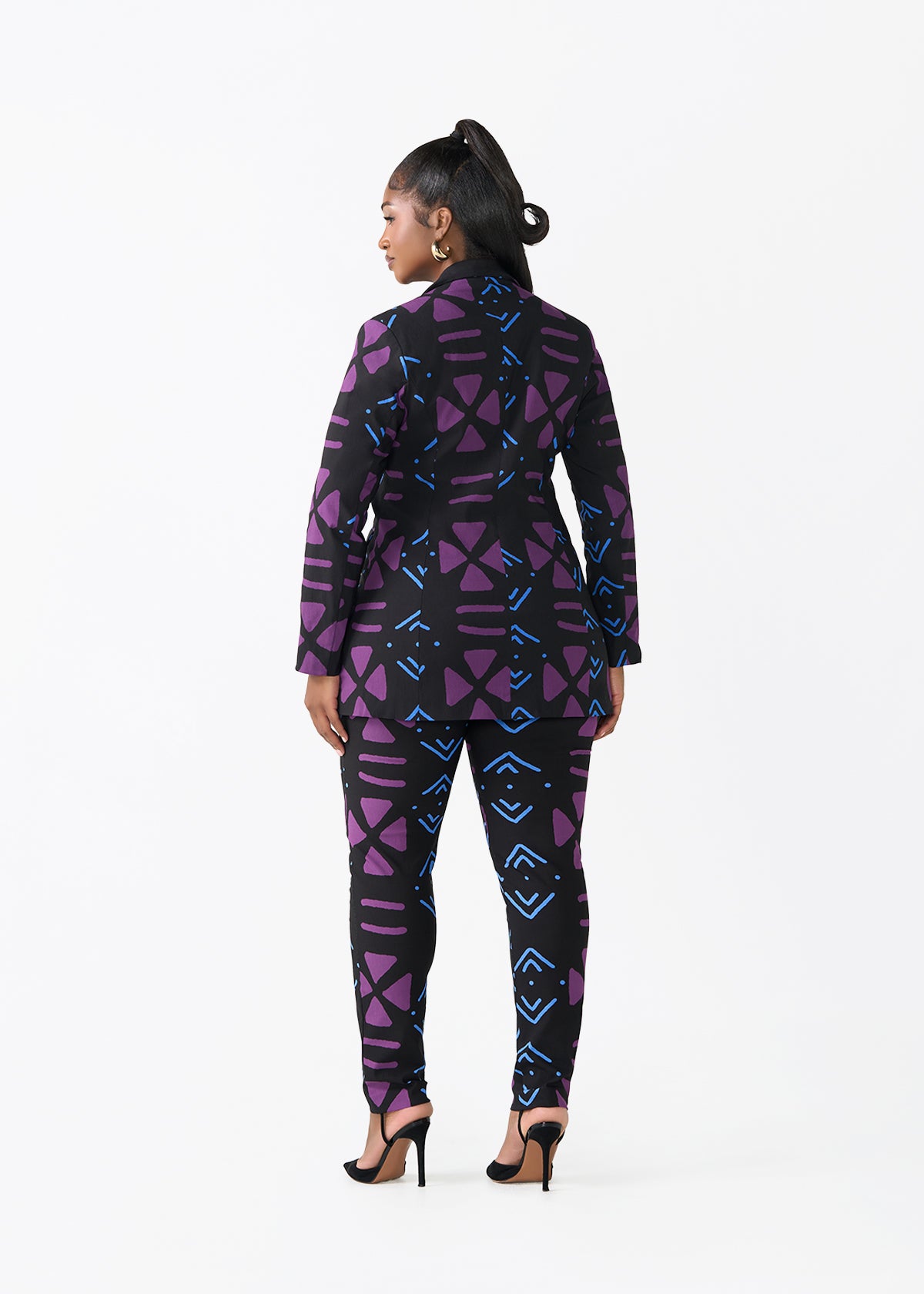 Uyai Women's African Print Stretch Blazer (Black Purple Mudcloth)