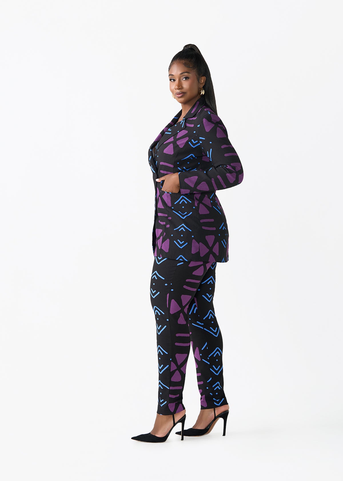 Uyai Women's African Print Stretch Blazer (Black Purple Mudcloth)