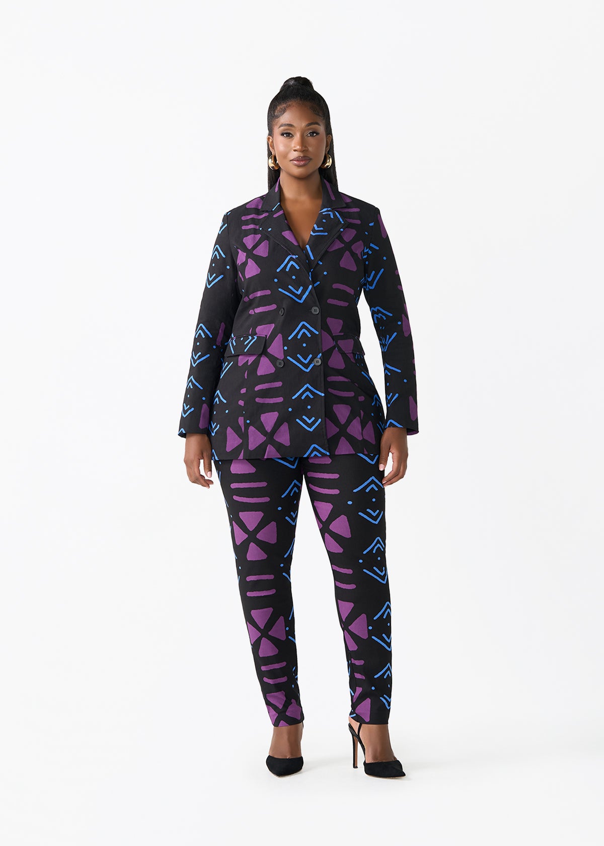 Uyai Women's African Print Stretch Blazer (Black Purple Mudcloth)