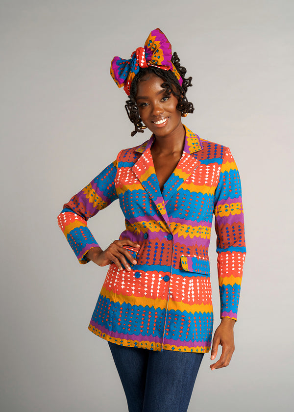 Uyai Women's African Print Stretch Blazer (Orange Teal Adire)