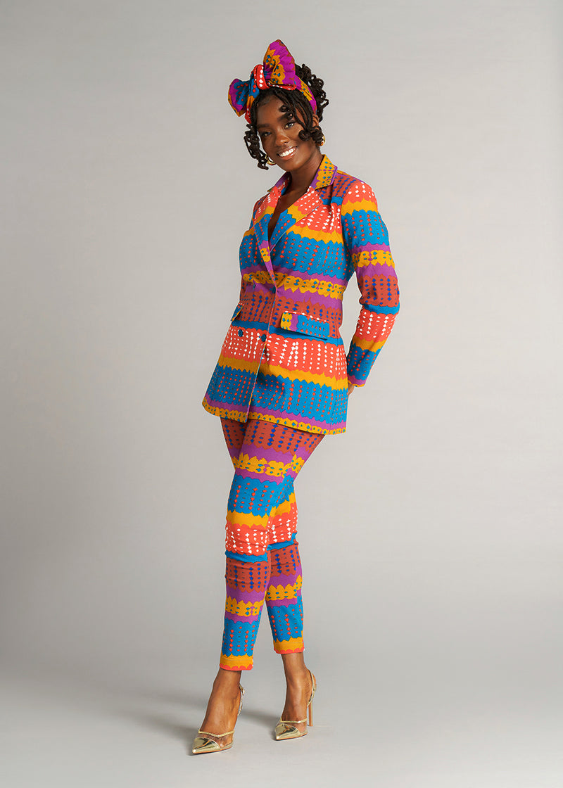 Uyai Women's African Print Stretch Blazer (Orange Teal Adire)