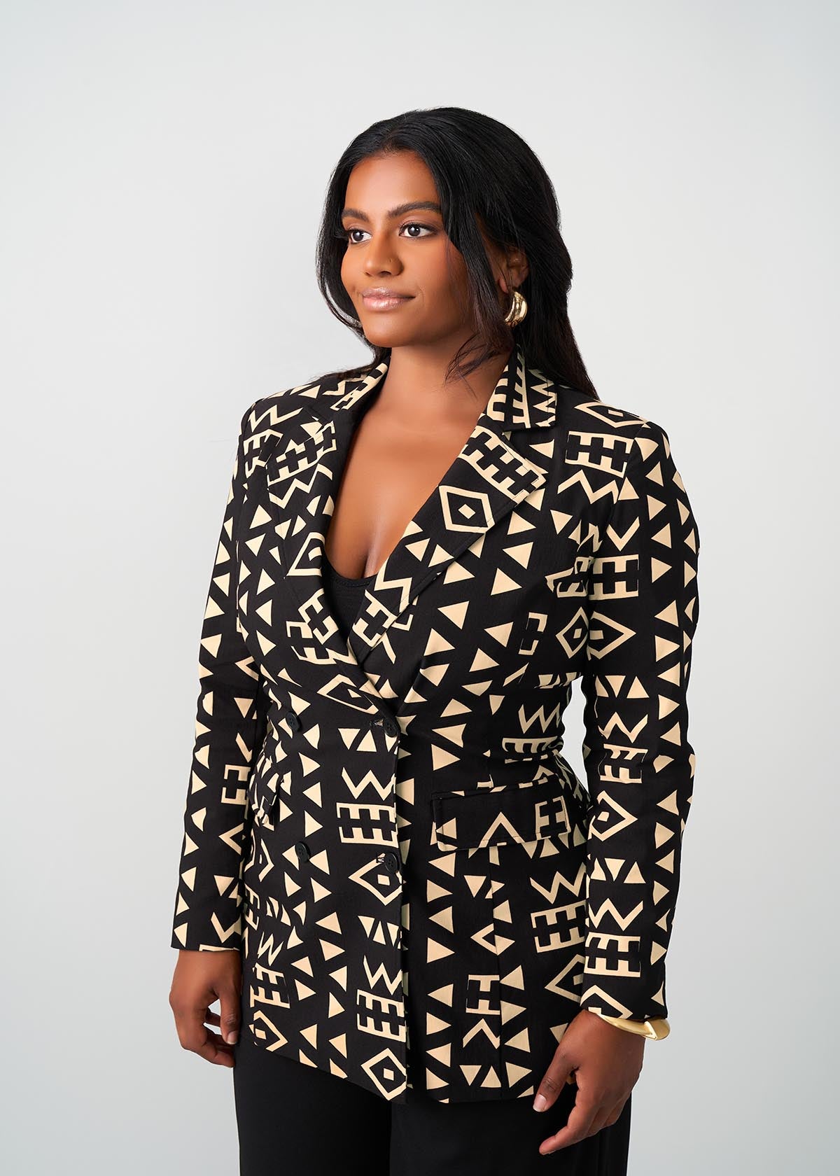 Uyai Women s African Print Stretch Blazer Tan Black Tribal