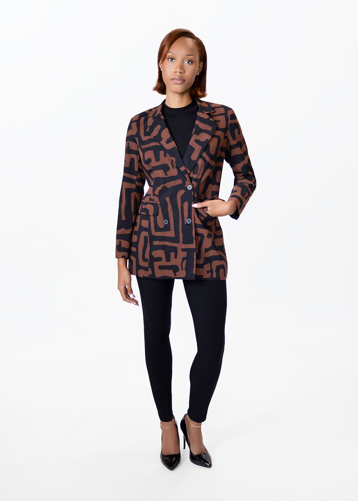 Uyai Womens African Print Blazer (Espresso Geometric)