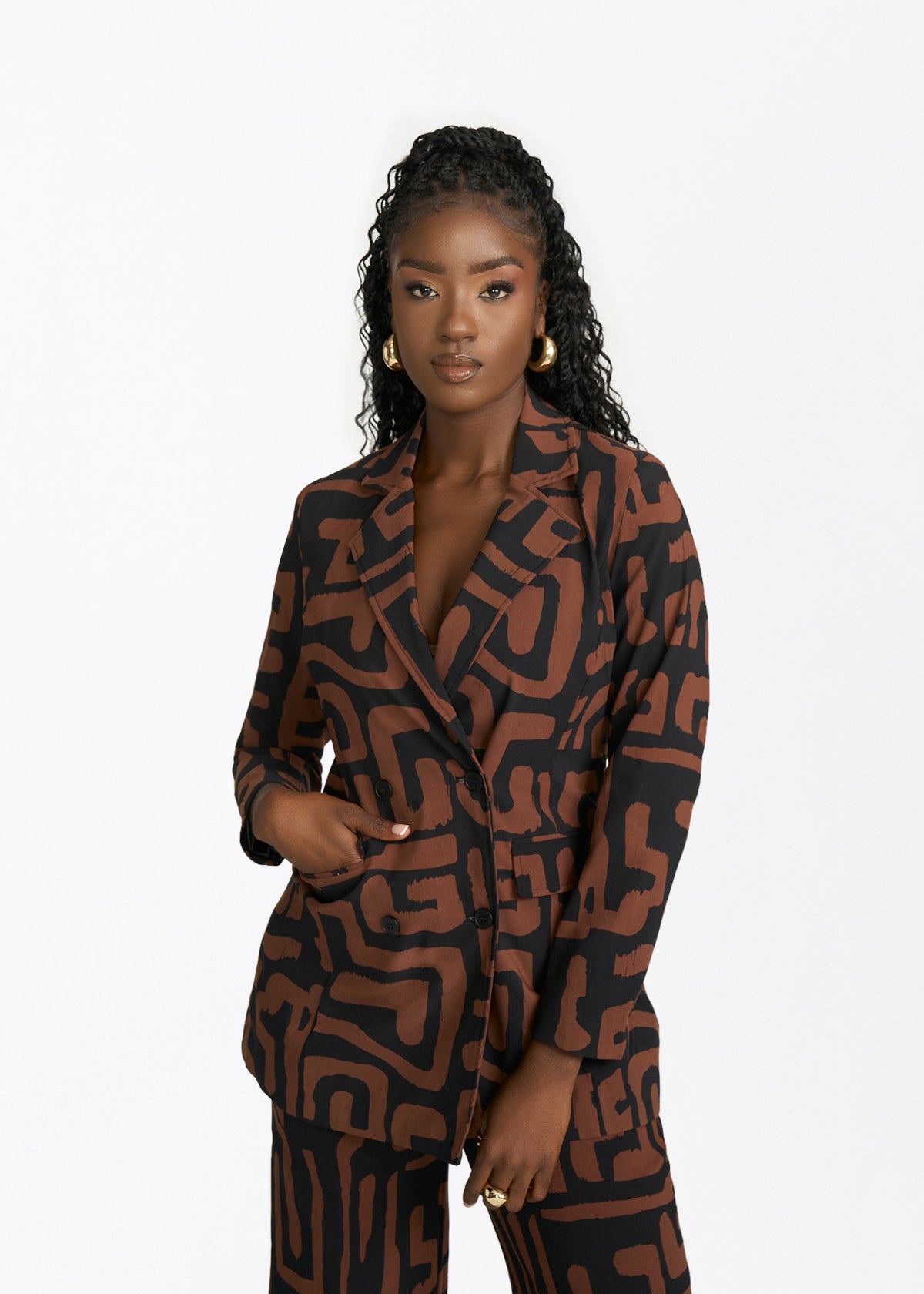 Uyai Womens African Print Blazer (Espresso Geometric) - D'IYANU