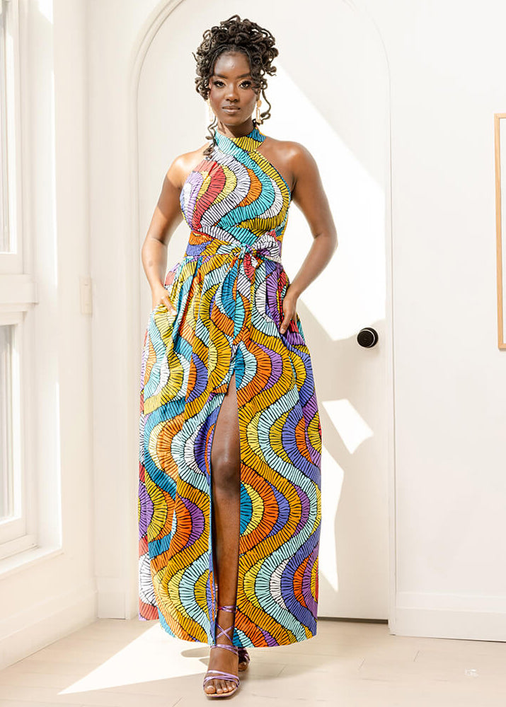 Ronke Women's African Print Maxi Dress (Abstract Lines)