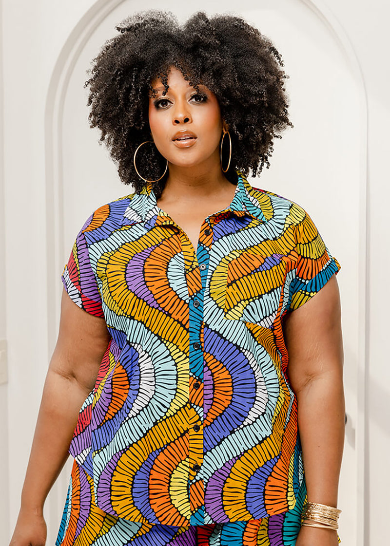 Tahiya Women's African Print Button-Down Shirt (Abstract Lines)