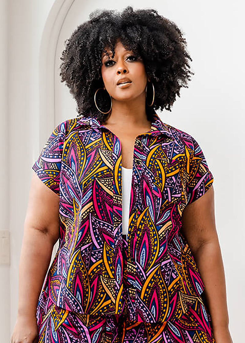 Tahiya Women's African Print Button-Down (Sunset Leaves)