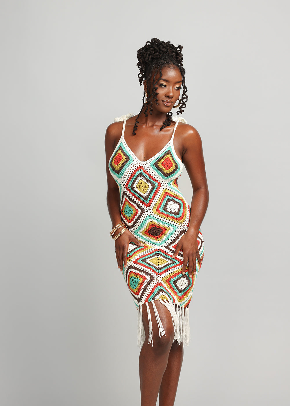 Hasina Women's Crochet Dress (Contrast Diamond Crochet) - Clearance Multicolor - D'IYANU
