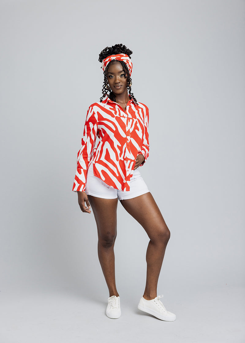 Kwamena Women's African Print Button-Up Shirt (Deep Orange Zebra Abstract)