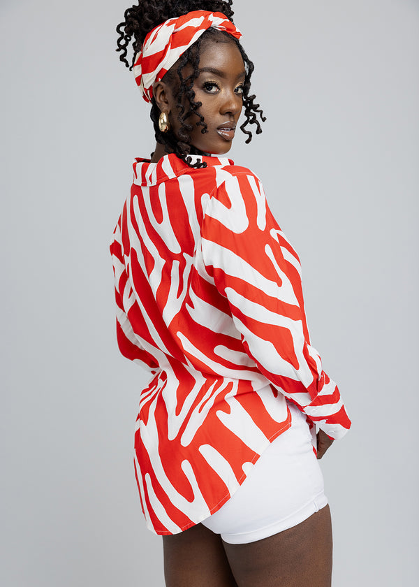 Kwamena Women's African Print Button-Up (Deep Orange Zebra Abstract)