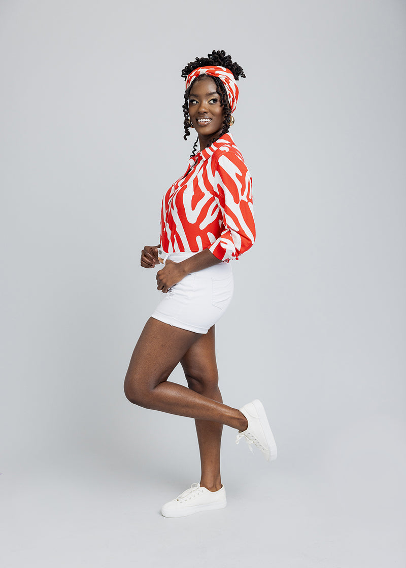 Kwamena Women's African Print Button-Up Shirt (Deep Orange Zebra Abstract)