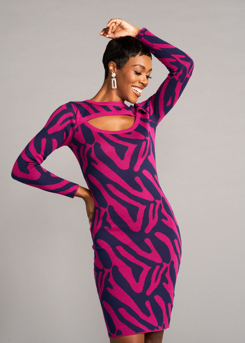 Marah Women's African Print Sweater Dress (Berry Zebra Abstract)