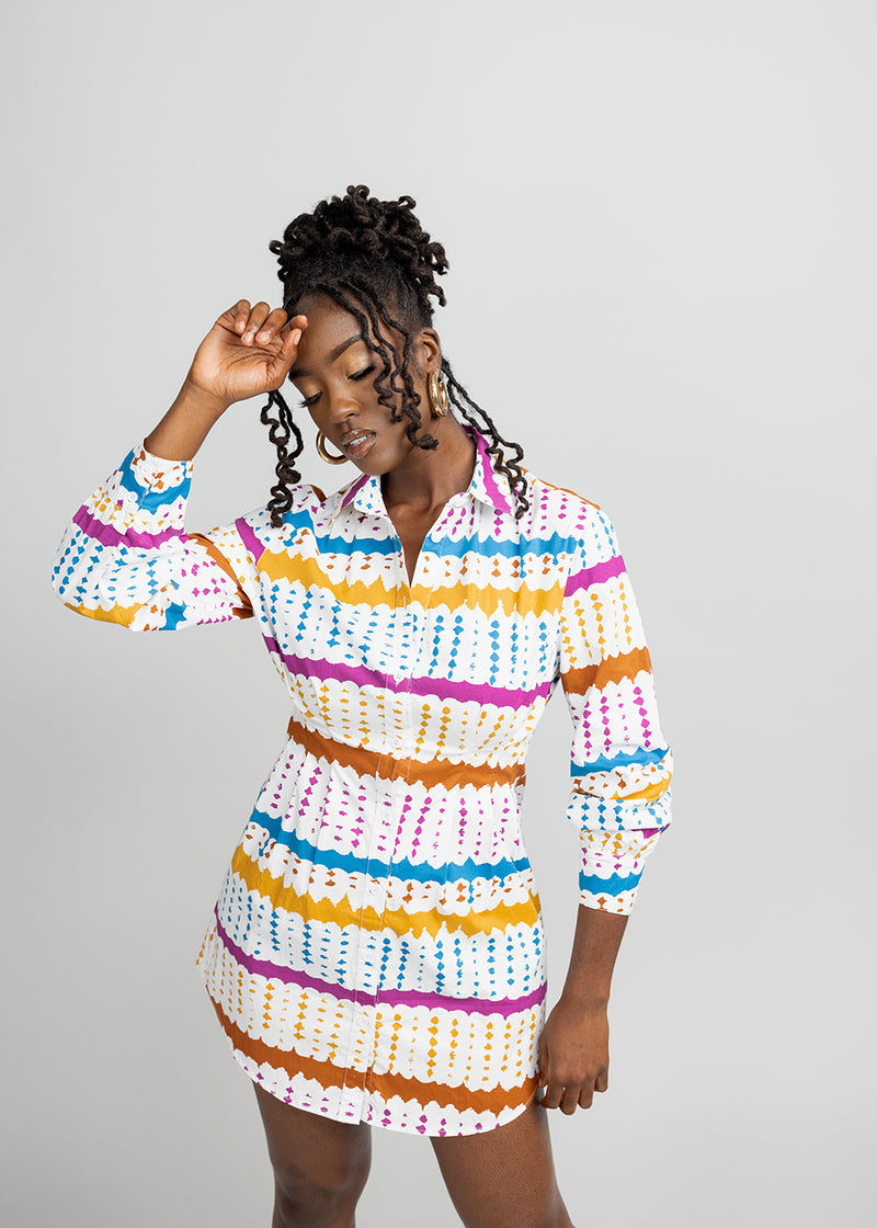 Safi Women's African Print Button-Up Shirt Dress (White Nautical Adire)