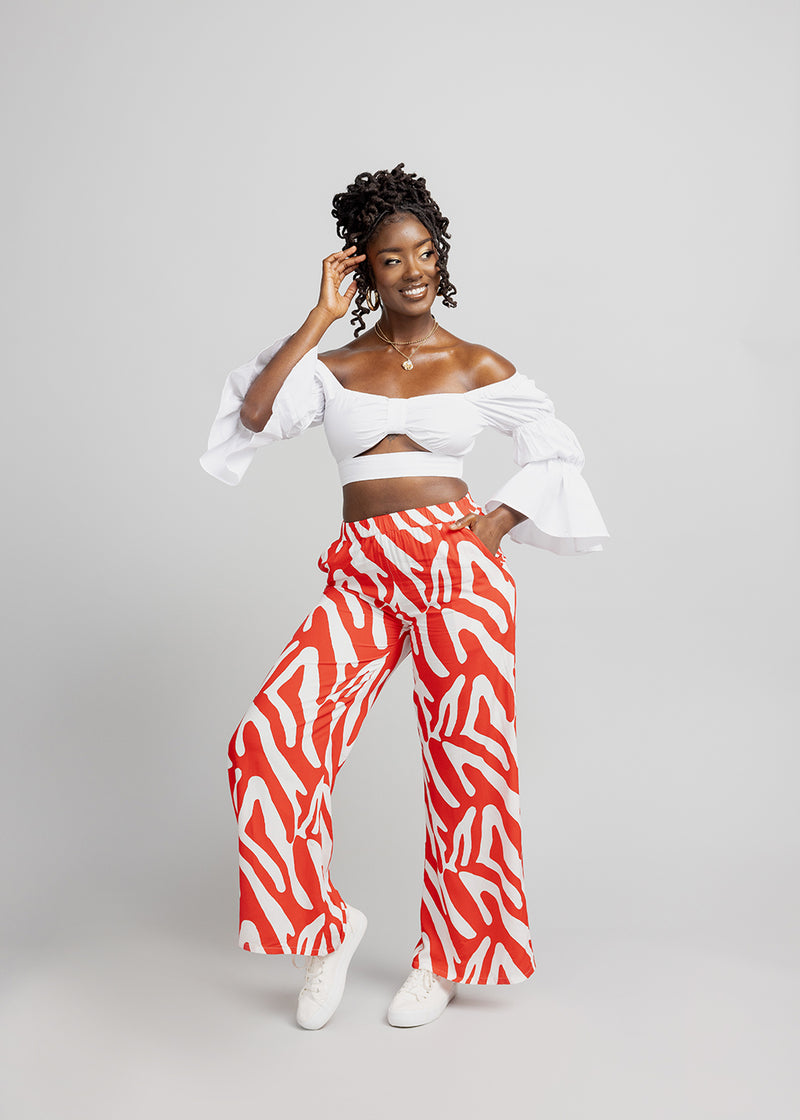 Sika Women's African Print Wide Leg Pants (Deep Orange Zebra Abstract)