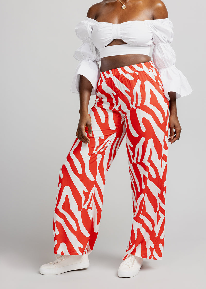 Sika Women's African Print Wide Leg Pants (Deep Orange Zebra Abstract)