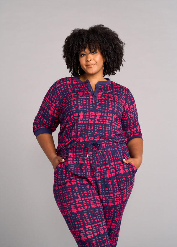 Tella Women's African Print Pajama Set (Navy Magenta Adire)