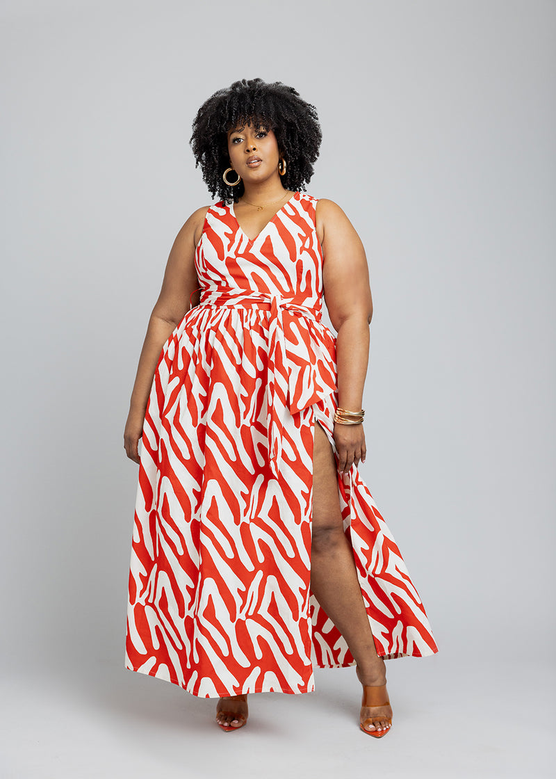 Tinashe Women's African Print Maxi Dress (Deep Orange Zebra Abstract)