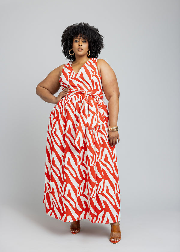 Tinashe Women's African Print Maxi Dress (Orange Zebra Abstract)