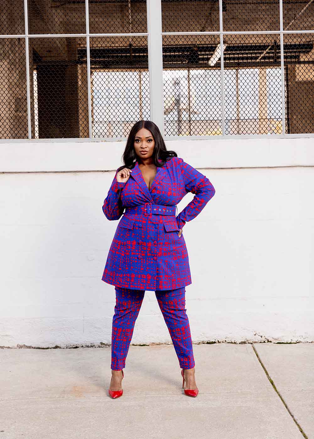 Red blazer blue pants on sale