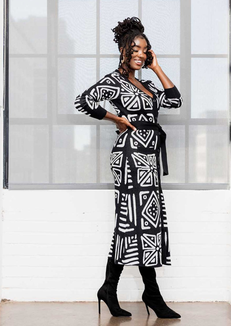 Aisha Women's African Print Cardigan (Grayscale Tribal)