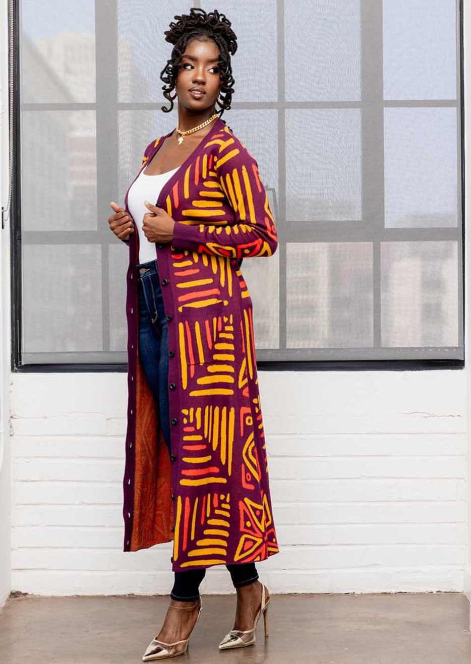 Aisha Women's African Print Cardigan (Plum Gold Tribal)