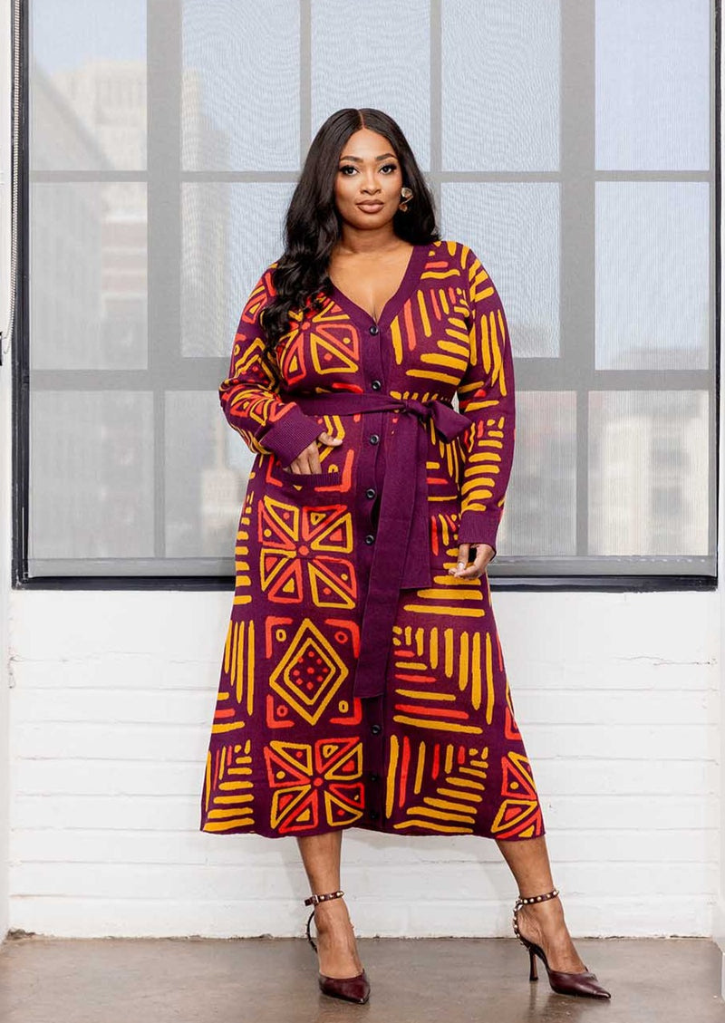 Aisha Women's African Print Cardigan (Plum Gold Tribal)